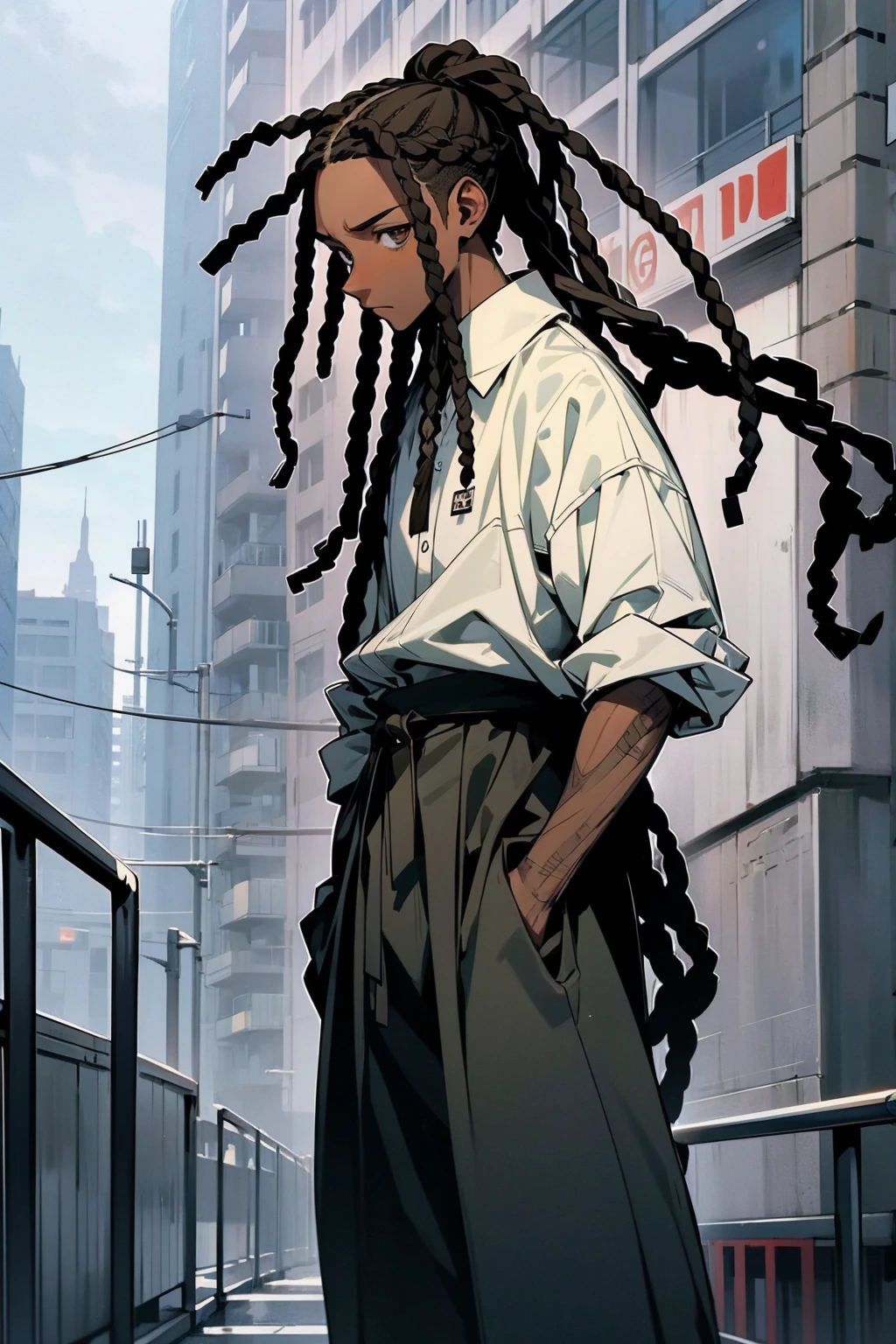 1male, dark skin, dreadlocks, ponytail, expressionless, hazel eyes, brown hair, white shirt, baggy black pants, city background, detailed background, hands to side, standing on path