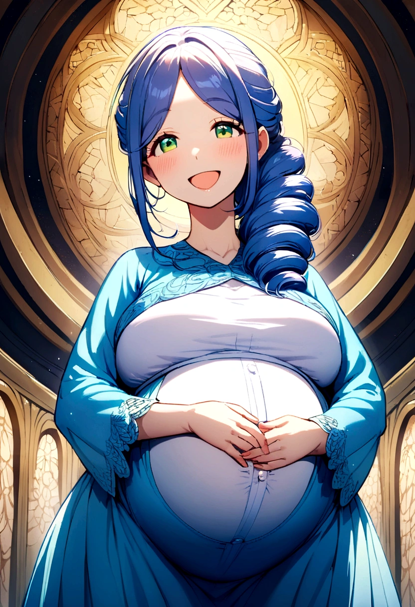 pregnant beautiful tall mom with blue ponytail hair, green eyes, blue shirt, blue shorts, happy