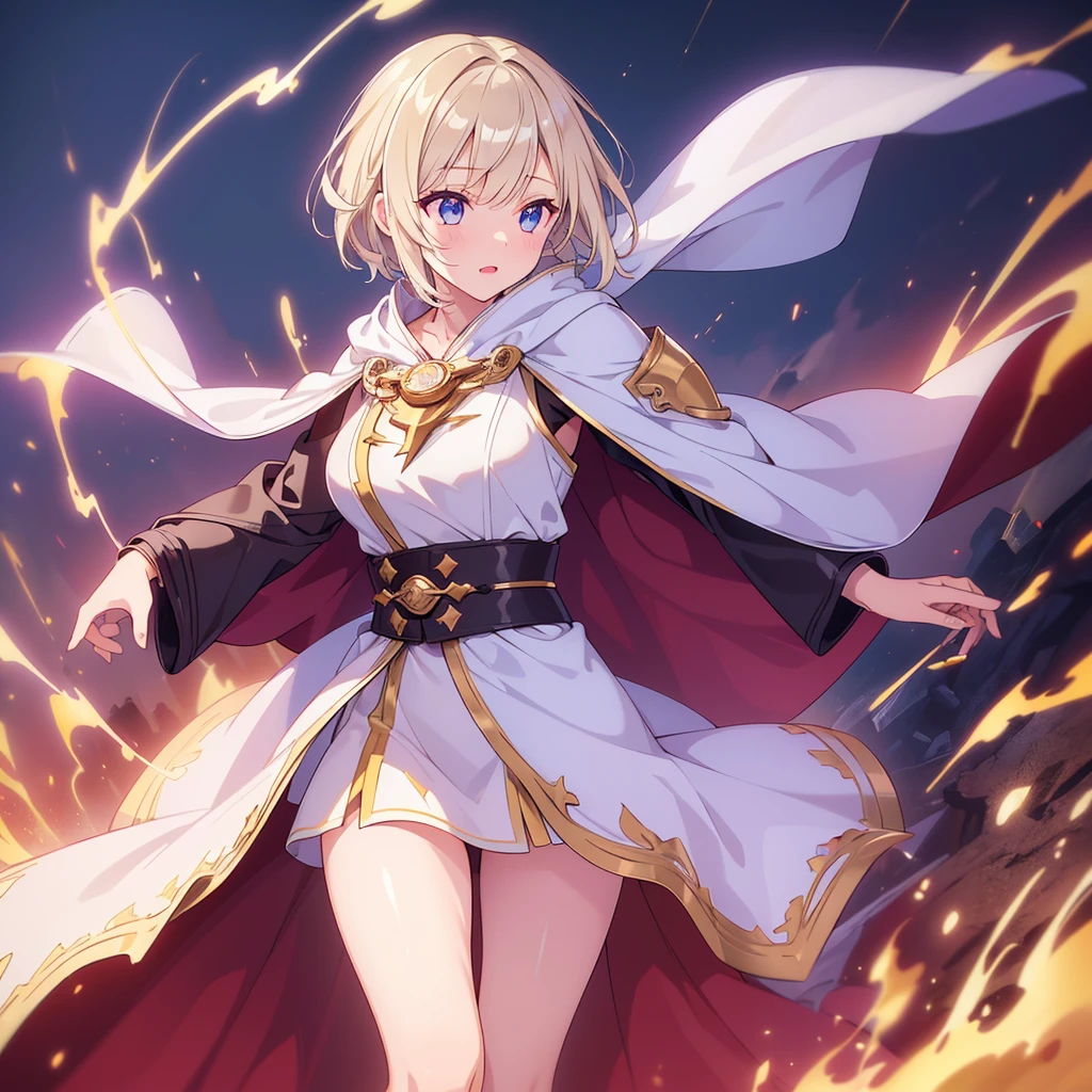 (Skin dents:1.5), Realistic, Realistic, (masterpiece:1.5), Concept Art, Intricate details, Very detailed, Realistic, Octane Rendering, 8k, Unreal Engine, Dynamic pose, Highest quality, High resolution, (Realistic Face:1.1), (超Realistic:1.1), ((full_body)), Perfect Eyes,(Shiny skin:1.2), (((Hairstyle))), (((Perfect hands))), (Very detailed背景), ((Dynamic Background)), ((Lightning)), (Light), ((One Girl)), wear a cape, (((Flowing Cape))), ((fine grain, High quality eyes, High quality face)), (Very complicated robe, magical robes), short hair, casting Lightning, electricity, Swirling Flames, Radiation Force, spark, cigarette, magic, ((dramatic)), wonderful, battlefield, Written boundary depth, Bokeh, 4K, Gothic, human, particle