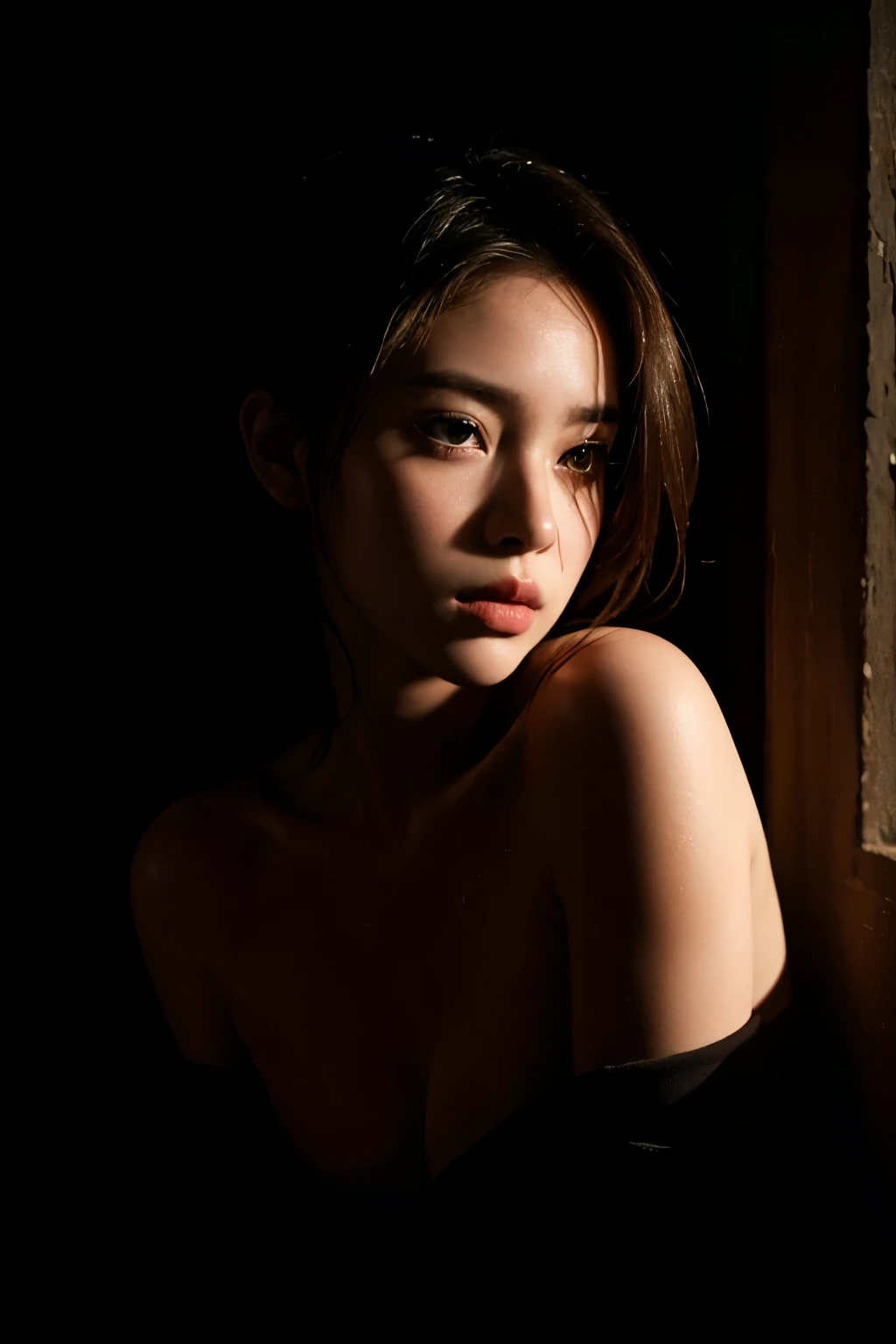 Best quality, masterpiece, ultra high res, (photorealistic:1.4), raw photo, 1girl, offshoulder, in the dark, deep shadow, low key, cold light