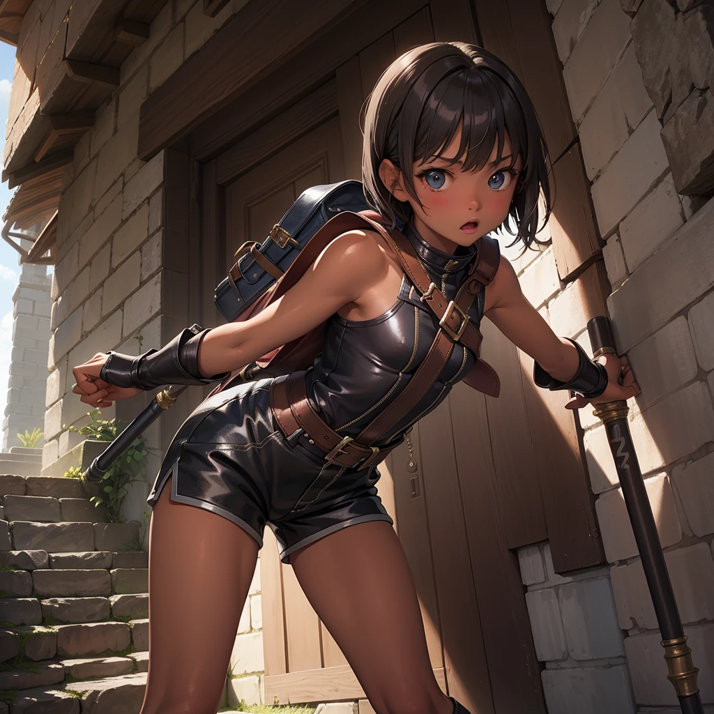 最high quality、high quality、10 years old、Girl Adventurer、Climb the maze stairs、Leather Armor、Shorts、spats、arms（Mace）Hold、Surprise face