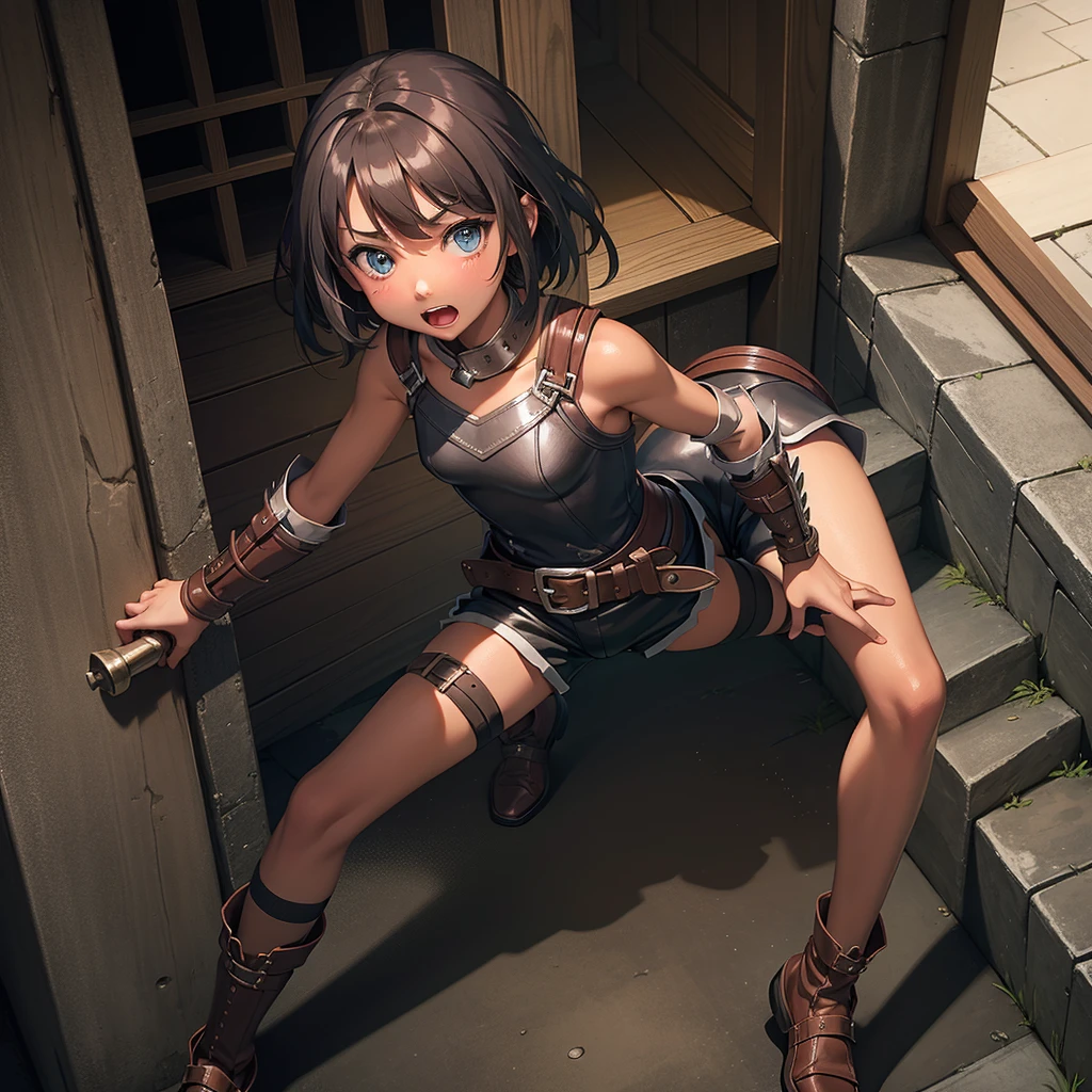 最high quality、high quality、10 years old、Girl Adventurer、Climb the maze stairs、Leather Armor、Shorts、spats、arms(Mace)Hold、Surprise face