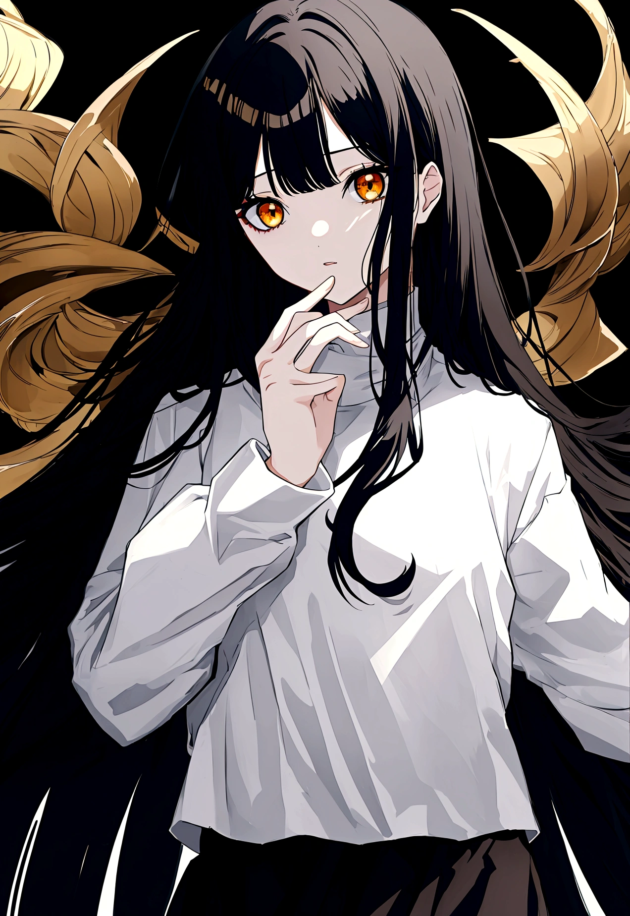 girl with long straight black hair, long bangs, golden eyes, slim and , short, wearing a white long-sleeved shirt, long black skirt