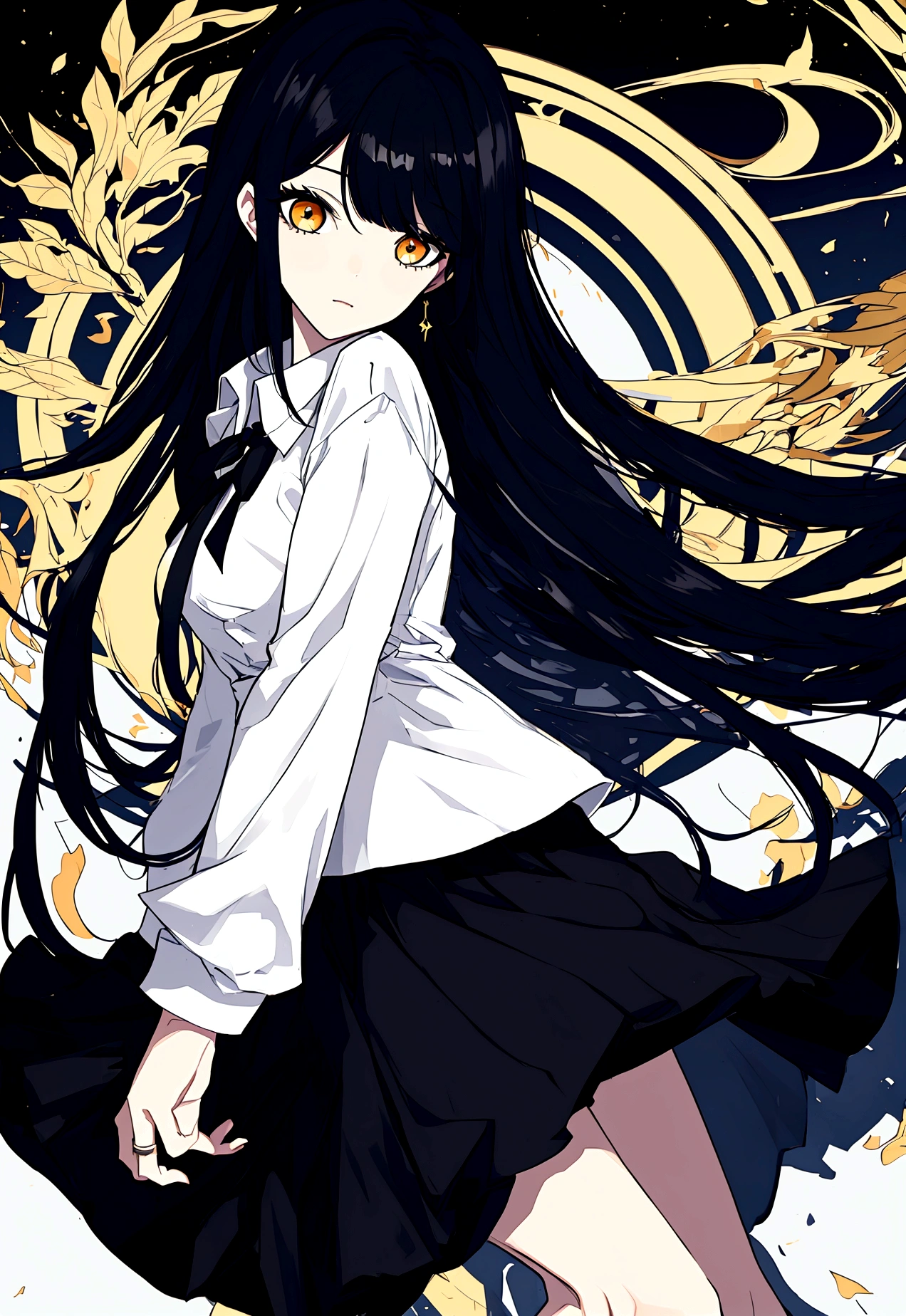 girl with long straight black hair, long bangs, golden eyes, slim and , short, wearing a white long-sleeved shirt, long black skirt