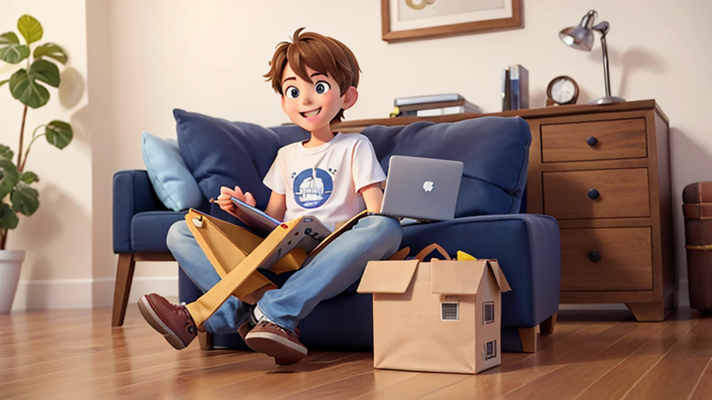 Full length happy young man sit in bag chair unboxing new laptop on t