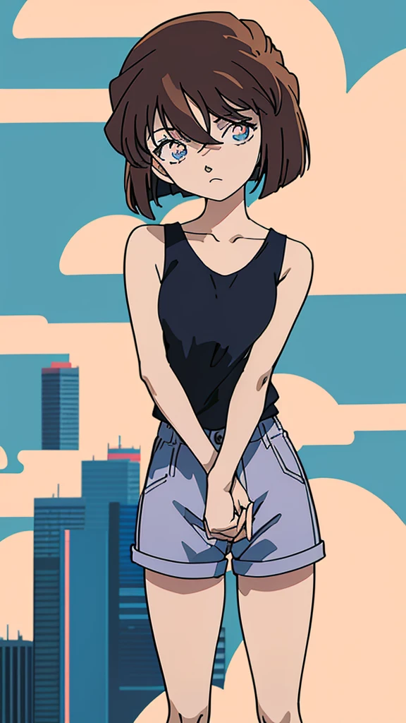 anime style, (1girl in, Solo:1.0), (Haibara Ai), ((Short pants)), (((Big eyes))), (Cute anime girl head), (flat chest),looking at viewer,With a height of 100cm,  shoot from front, (head shot),  Simple lineinimalism，Abstract Art，City background