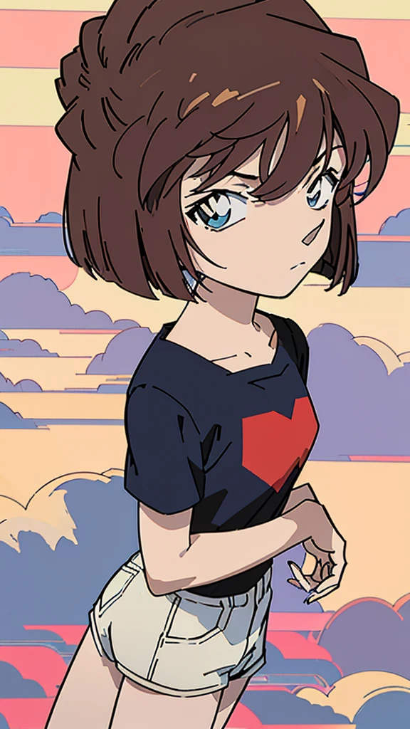 anime style, (1girl in, Solo:1.0), (Haibara Ai), ((Short pants)), (((Big eyes))), (Cute anime girl head), (flat chest),looking at viewer,With a height of 100cm,  shoot from front, (head shot),  Simple lineinimalism，Abstract Art，City background