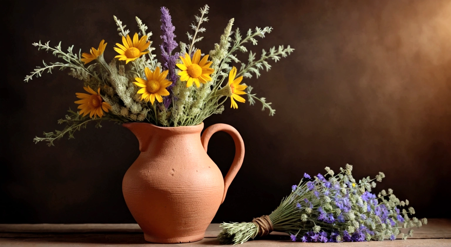 a clay rustic jug in which there is a bouquet of wormwood and wildflowers, a large bouquet of wildflowers is next to it, rustic country style, 8k.very realistic cinematic photo, Extremely Realistic