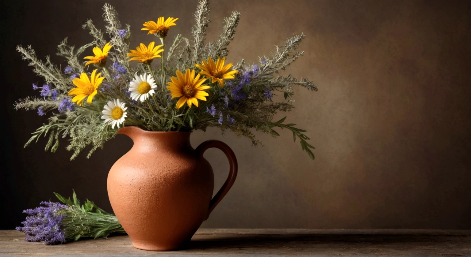 a clay rustic jug in which there is a bouquet of wormwood and wildflowers, a large bouquet of wildflowers is next to it, rustic country style, 8k.very realistic cinematic photo, Extremely Realistic