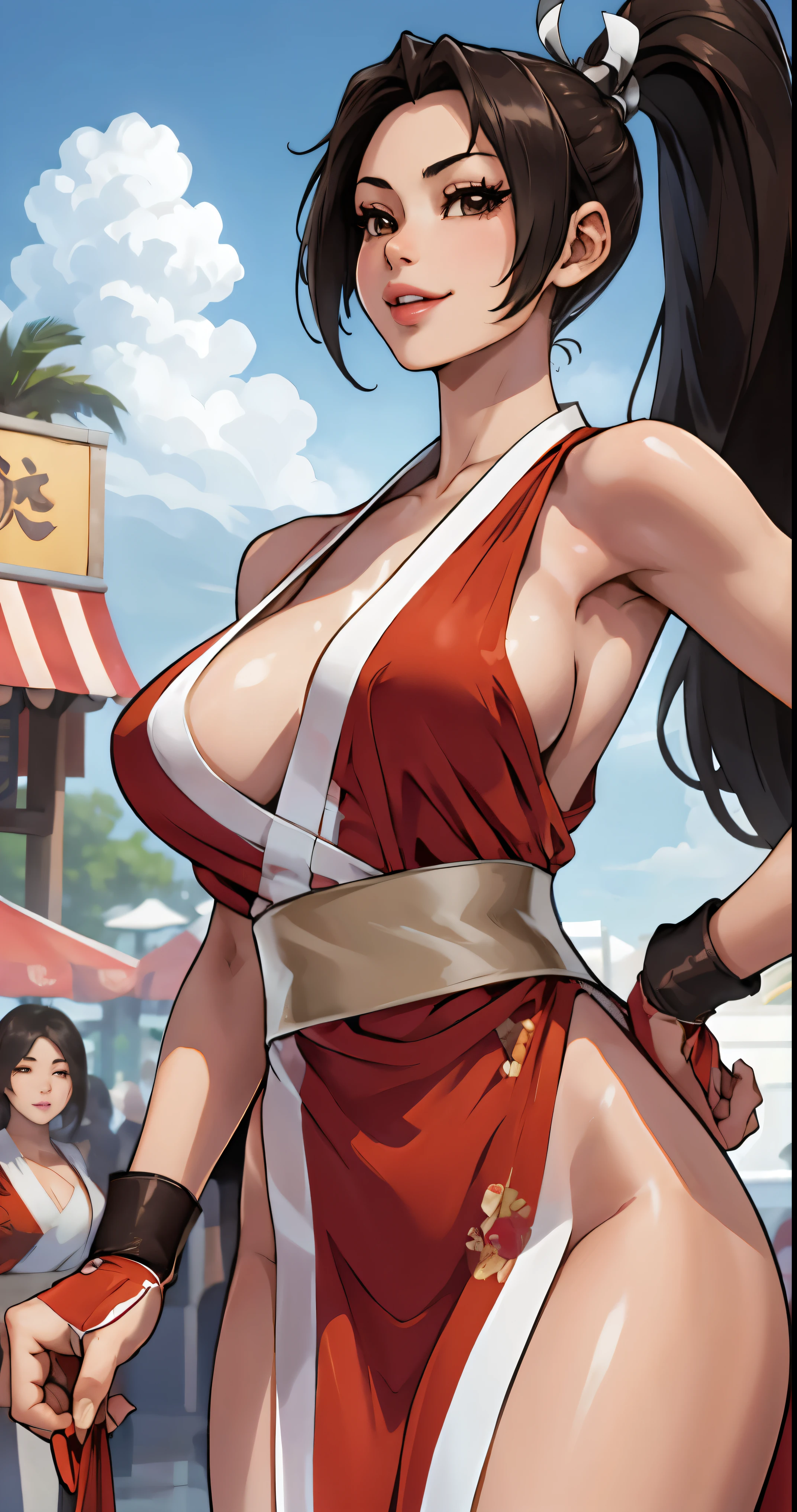 (Mai Shiranui), she is showing her side, She's on her side for the viewer,__body parts__, official art, 8k unit wallpaper, ultra detailed, beautiful, masterpiece, Super fine photo, high quality, super tall resolution, photorealistic, sunlight, smile, elegant dress, jewelry, in Birthday Party, amusement park, beautiful, highly detailed skin, realistic skin details, visible pores, sharp focus, digital SLR camera,