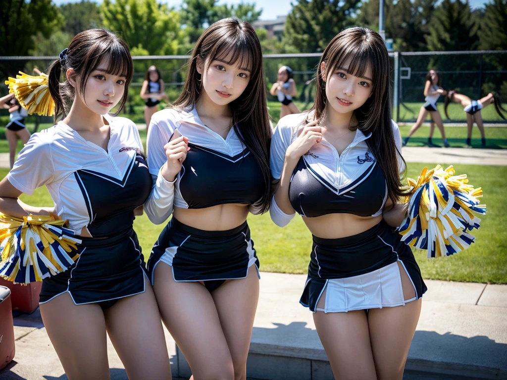 (RAW photo, 4k, masterpiece, high resolution, extremely complex) (realistic: 1.4), cinematic lighting
 ((2 girls, 2 schoolgirls)),blushing,((innocent)),bright eyes,round eyes,blunt bangs,(short bob hair:1.3),black hair,large breasts,wide hips,Summer Noon, ,Hot, (Best Quality), (Highres), (an Extremely Delicate and Beautiful),(Beautiful 8k face),(Brown eyes),( spectators),(gigantic breasts),(Play with each other,Touching each other's bodies,Touching the body),(cheer girl:1.5),(a miniskirt),(reality),bright lighting,(The background is a luxury hotel room)