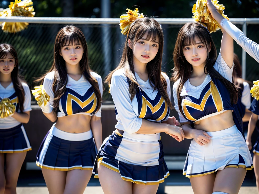 (RAW photo, 4k, masterpiece, high resolution, extremely complex) (realistic: 1.4), cinematic lighting
 ((2 girls, 2 schoolgirls)),blushing,((innocent)),bright eyes,round eyes,blunt bangs,(short bob hair:1.3),black hair,large breasts,wide hips,Summer Noon, ,Hot, (Best Quality), (Highres), (an Extremely Delicate and Beautiful),(Beautiful 8k face),(Brown eyes),( spectators),(gigantic breasts),(Play with each other,Touching each other's bodies,Touching the body),(cheer girl:1.5),(a miniskirt),(reality),bright lighting,(The background is a luxury hotel room)