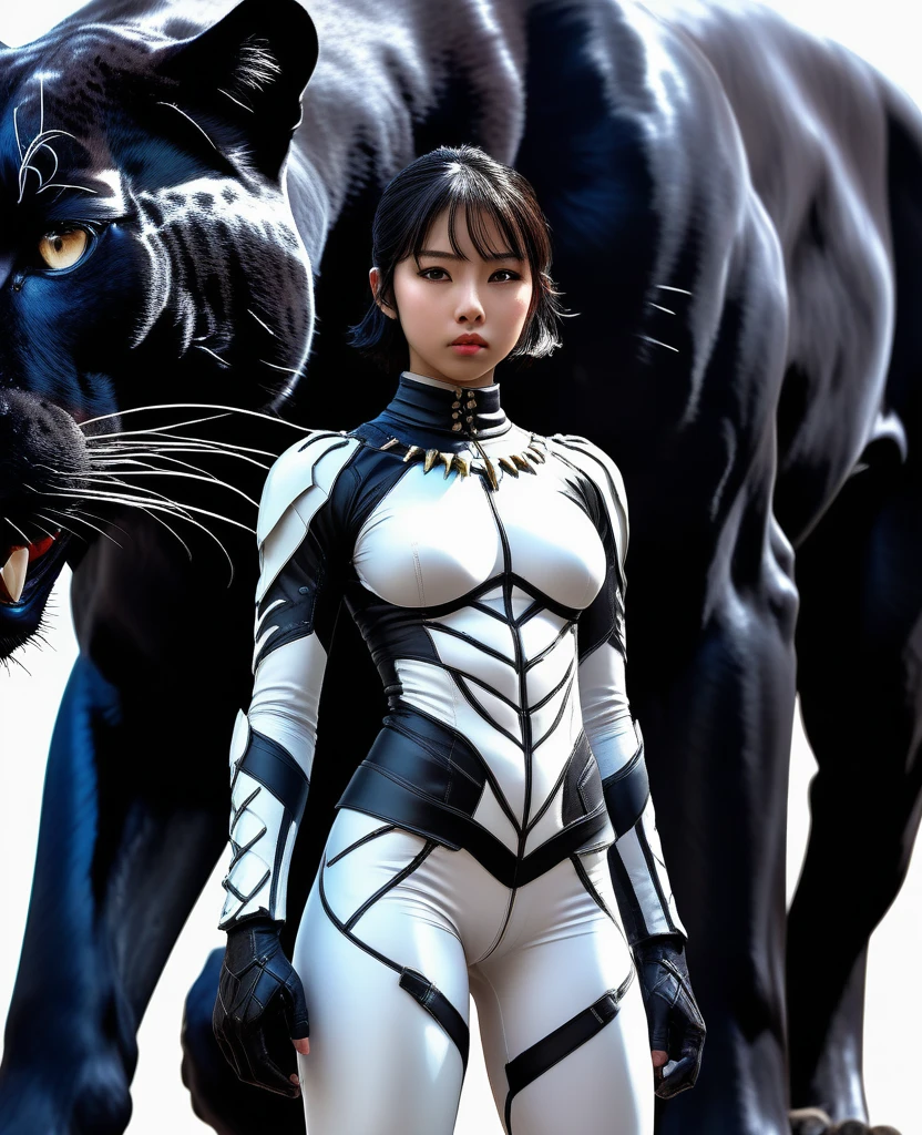 Ultra-high resolution、Ultra HD、8K、Realistic live action、style of yoshitaka amano ~ Anime girl as rider Anime girl posing. Standing next to a huge, ferocious black panther.Surrealist. Bright white and black with sharp shadows, Reminiscent of Boyce and Senken. The black panther's eyes are blue and sharp、