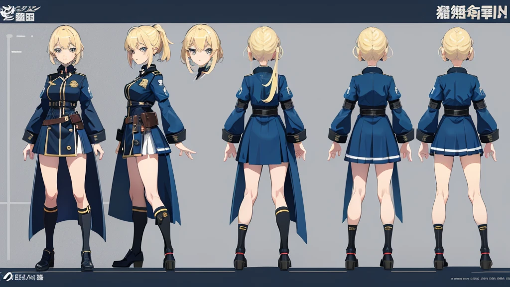 police girl blonde hair blue eye,character design sheet, character turnaround, character in different poses