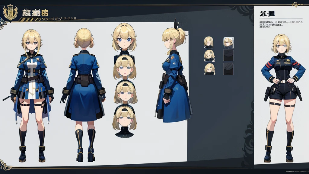 police girl blonde hair blue eye,character design sheet, character turnaround, character in different poses