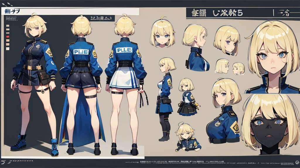 police girl blonde hair blue eye,character design sheet, character turnaround, character in different poses