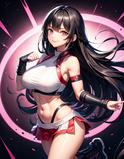 beautiful girl、Warrior、Black Hair、Long Hair、Big Breasts、sexy、sexy、A kind smile、sexyなレオタード、High Leg、Wristband、gloves、Boots、canvas、In the Ring、Match in the ring、venue、The whole body is visible、Abdominal muscles、One person、Standing on one leg、I'm getting a high kick、High kick pose