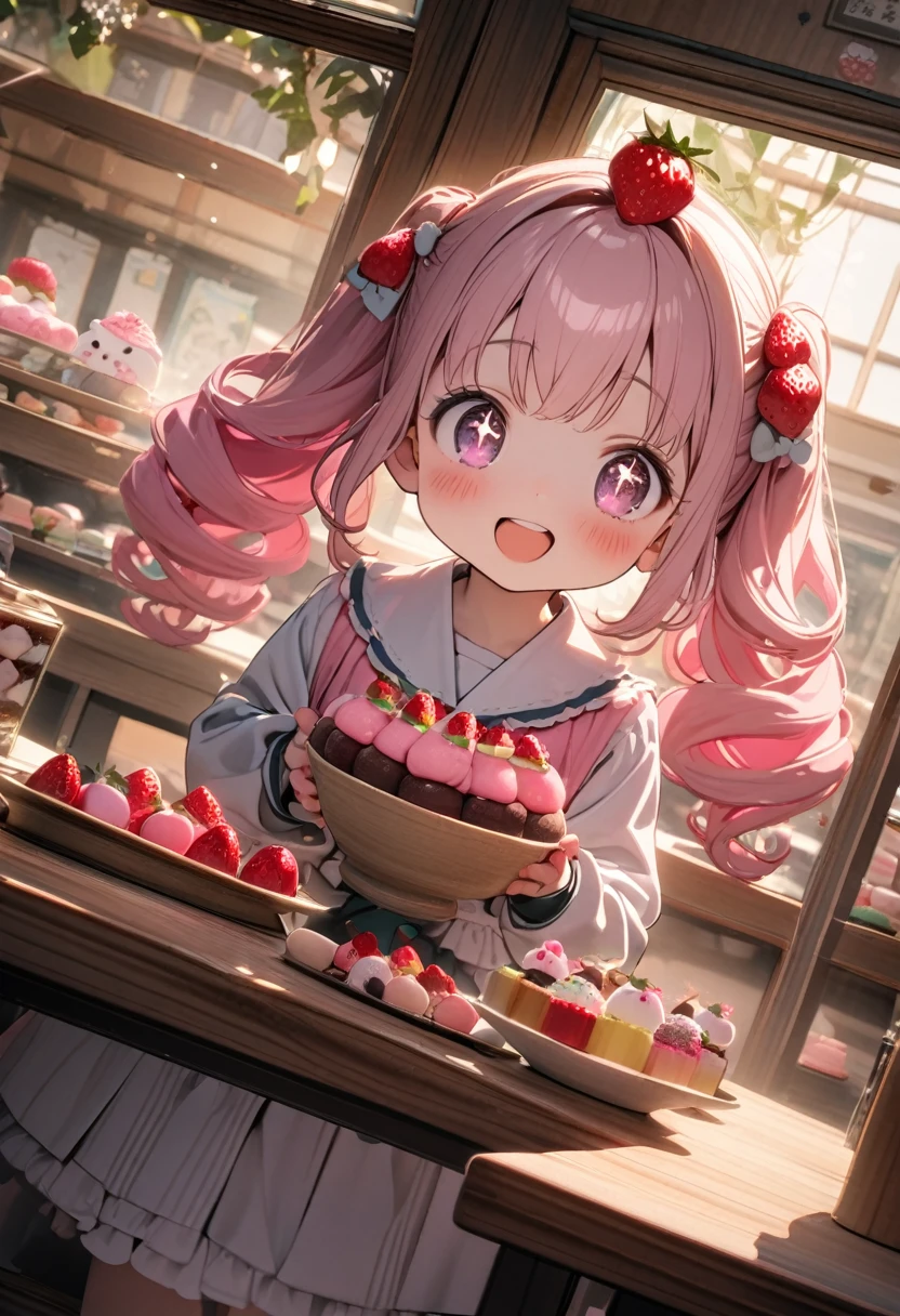 (8K, best quality, master piece: 1.2), super high resolution,1girl,,ultra-detailed face, detailed eyes,sparkling eyes,very long twintails,pink hair,curly hair,strawberry decoration hair accessories,pink eyes, small girl of small stature,cute,strawberry decoration pink ロリーァッション,(holding a Strawberry topping Daifuku mochi),happy,open mouth,Dutch Angle,Rim Light,There is a table in front of her,There is a display window with a selection of Japanese sweets.,Inside the café