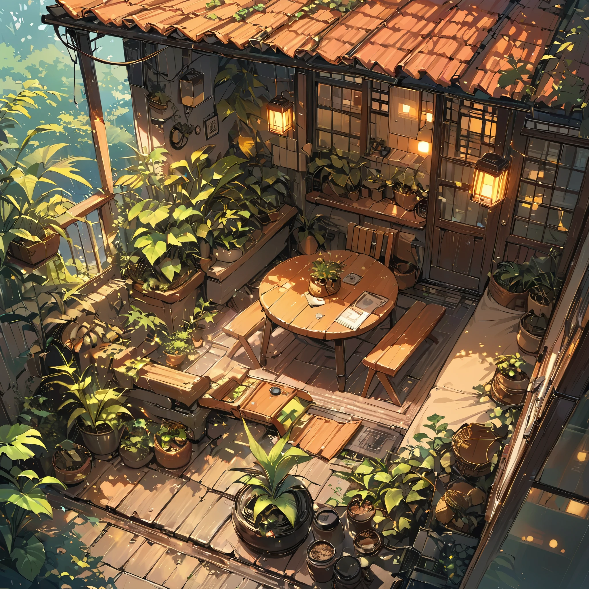 ((anime:1.4,illustration)),(masterpiece, top quality, best quality),(ultra-detailed, absolutely resolution),((16k, high res)), (((cozy lofi veranda with plants,))), ((cosy lofi illustration:1.4)), ((anime:1.4, illustration)),(masterpiece, top quality, best quality),(ultra-detailed, absolutely resolution),((16k, high res)) BREAK {lofi art, style of Laurie Greasley, style of Makoto Shinkai, anime aesthetic}, BREAK { (produces images with information than 40 million pixels with cinematic-like detailed textures shot on a Sony SLR).}, (((from above)))