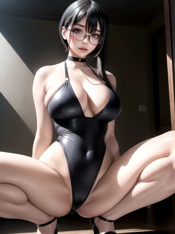 25 year old Japanese woman,((Rimless Glasses))(((Black Short Hair)))(((Pixie Cut)))(((Wear a grey swimsuit)))(Highly detailed skin),Curvy,,美しいBig Breasts,(Big Breasts),Accentuate your cleavage,Pale skin,Pointed Chest,Erect nipples,(Fantasy art,Best image quality,Surreal portrait,(8k),Ultra-realistic,最high quality, high quality, High resolution, high quality texture,Attention to detail,Beautiful details,detailed,Extremely detailed CG,detailed Texture,Realistic facial expressions,masterpiece,in front,dynamic,bold)(Very thin hair),(Very soft hair),(Super Straight Hair:1.5), sleek bangs,Very light coppery amber hair,Hair in one eye、Her clothes fit her body perfectly......((Spread your legs and crouch、Facing the viewer))、((Squat))、Drawing from the front、(Showing off your crotch)whole bodyを描く、whole body