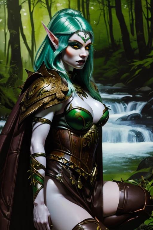 ((ultra realistic illustration:1.2)),(dark fantasy:1.4), In a mystical forest. Beautiful Elven archer. Wild spiky(green hair), red eyes, ((very pale:1.4)), beautifully fit figure, medium perky breasts. (tribal warpaint), leather bustier(,armor), cape, thigh high boots .Masterpiece, (highly detailed:1.2),(detailed face and eyes:1.2), 8k wallpaper, natural lighting. core shadows, high contrast, bokeh.