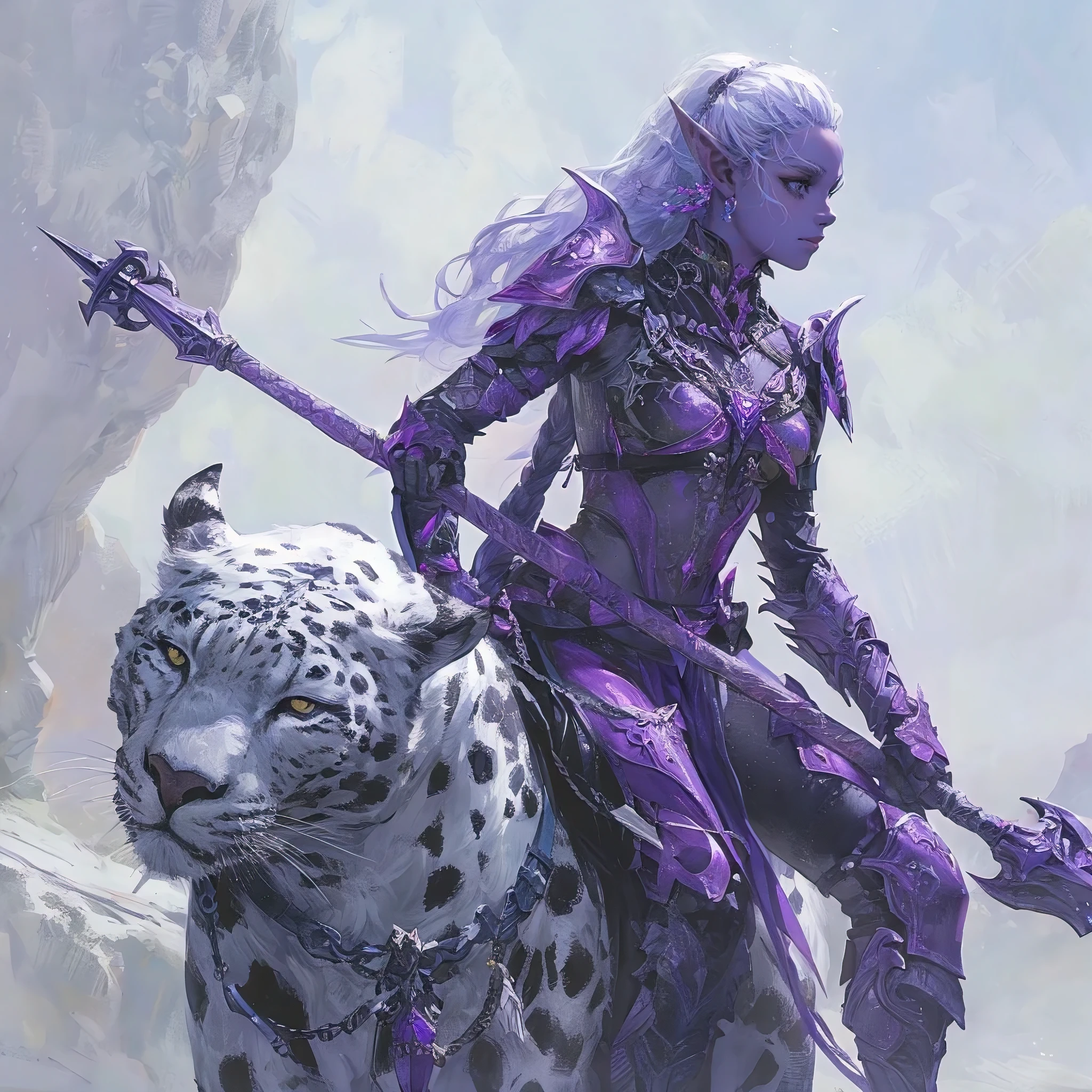 An elven warrior princess with lavender skin and ebony hair, pointed, long ears akin to elves, clad in lightweight purple-and-white armor, wielding a large four-armed blade resembling a star, riding a white panther with black spots, realistic conceptual graphic in a fantasy world, Illustration, digital art