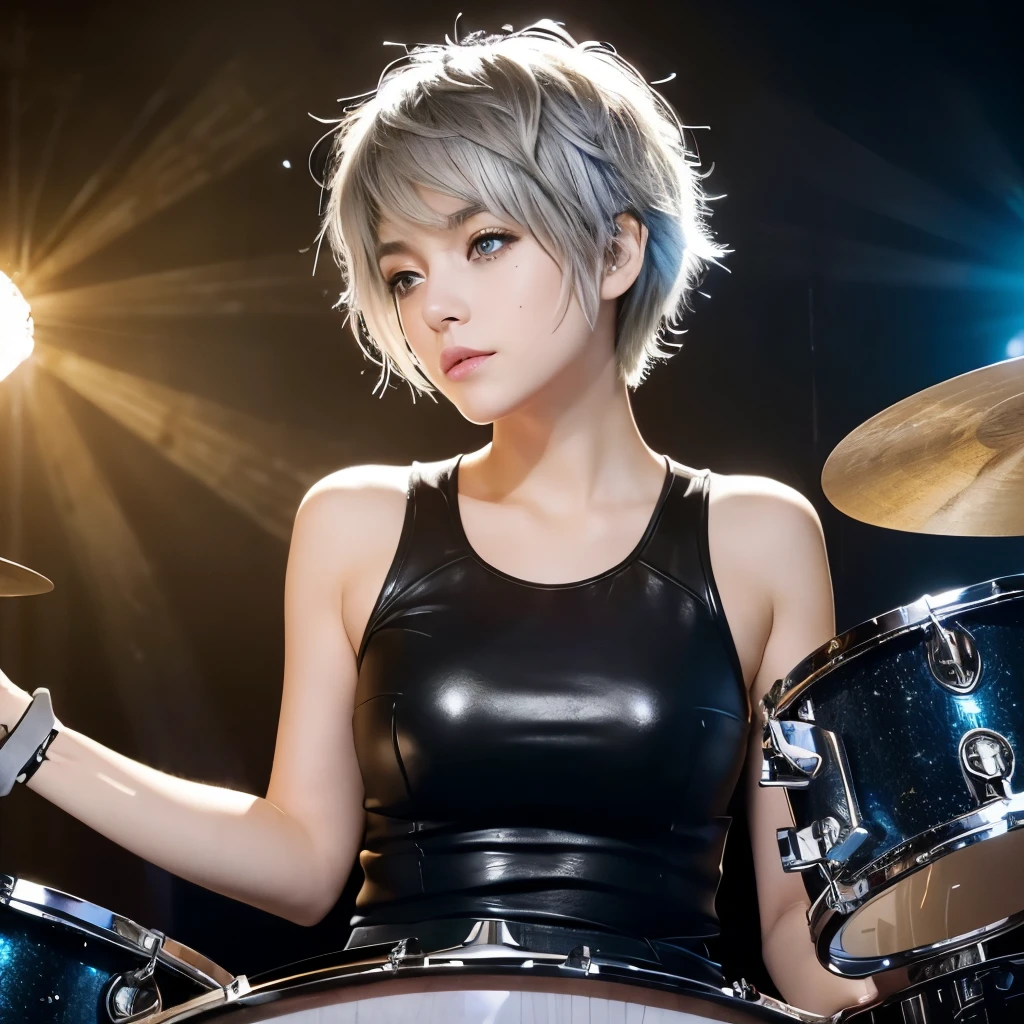 view from top angle, (digital painting:1,4), very Playing drums、whole body、a young woman with vibrant silver hair, styled in a slightly messy, pixie cut with the top slightly longer and the sides and back 刈り上げ, Impressive eyeliner, The person’s expression should be calm and neutral, Her eyes are a striking green, and she has light freckles scattered across her face. The lighting should be warm, giving her skin a slightly glossy appearance. The background should be abstract with soft, warm tones and a few silver splatters to match her hair. She is wearing a black, punk fashion outfit with subtle silver accents. The overall mood should be modern, slightly ethereal, and eye-catching. detailed illustration, best work, (a beautiful woman sitting in front of a drum set), both hands up holding drum sticks, sweaty body, rocker clothes, very energetic, Bright the light from the studio casts a focused light on each part of the drum, with agile hand movements, sparkling light reflects small sparks on the cymbals and drum surface, highly detailed, 8k