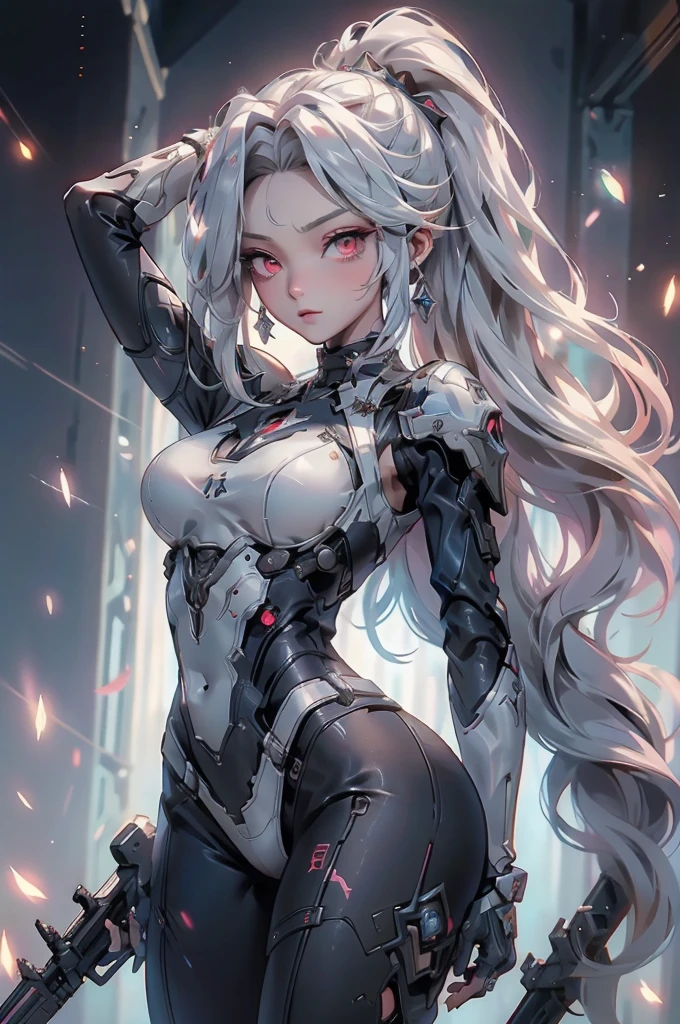((Cyberpunk women images))，raise one's arms high:1.4、armpits,,(masterpiece:1.4, Highest quality, Dutch Angle)(One Girl, alone)（Gray hair that changes with light、Smooth and straight hair、WHITE hair fluttering in the wind）、（beautiful, Glowing Skin、Cheek Gloss Highlighter、Sexy and very beautiful and adorable face、世界で最もbeautiful顔、big, Glowing red eyes）、（Cute 25 year old girl, large breasts、Tight waist、Delicate shoulders、Perfect figure）（Overall dark、A ruined futuristic city、The world at the end of the century、Traces of war、cave、Remains）(Futuristic combat suit、White combat armor、Highly decorated combat uniform、Weapons are deployed to surround the woman)（Shooting from close range、Pictures of female faces）
