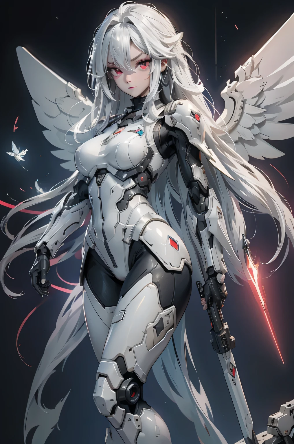 ((Cyberpunk women images)),raise one's arms high:1.4、armpits,,(masterpiece:1.4, Highest quality, Dutch Angle)(One Girl, alone)(Gray hair that changes with light、Smooth and straight hair、WHITE hair fluttering in the wind)、(beautiful, Glowing Skin、Cheek Gloss Highlighter、Sexy and very beautiful and adorable face、The most beautiful face in the world、big, Glowing red eyes)、(Cute 25 year old girl, large breasts、Tight waist、Delicate shoulders、Perfect figure)(Overall dark、A ruined futuristic city、The world at the end of the century、Traces of war、cave、Remains)(Futuristic combat suit、White combat armor、Highly decorated combat uniform、Mechanical Wings、Wing-shaped weapon)(Full body image)