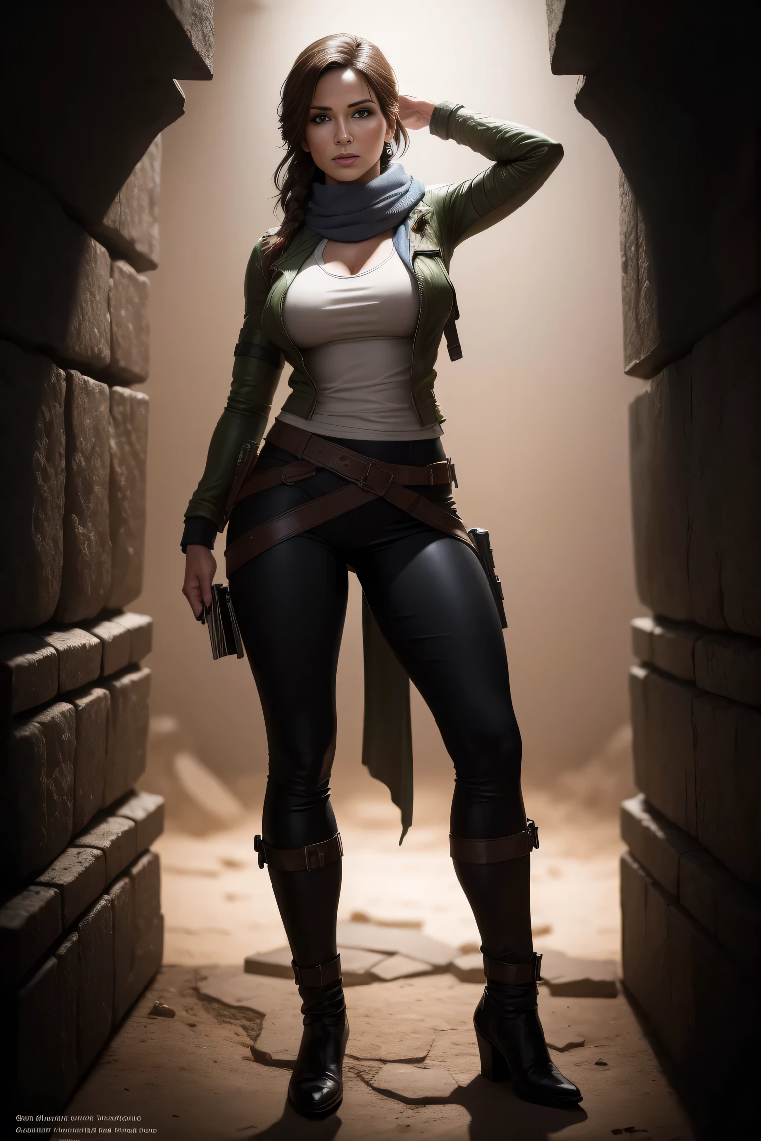 Lara Croft holding a metal hexagon cube with ancient drawings in her hands, standing in a Tomb, dark lighting, underground Tomb, perfect anatomy, beautiful face, perfect hands, broken statues in the background, wearing a dark coat and a scarf, DLSR, sharp focus, soft lighting, perfect face, ultra detailed face, perfect brown eyes, beautiful face