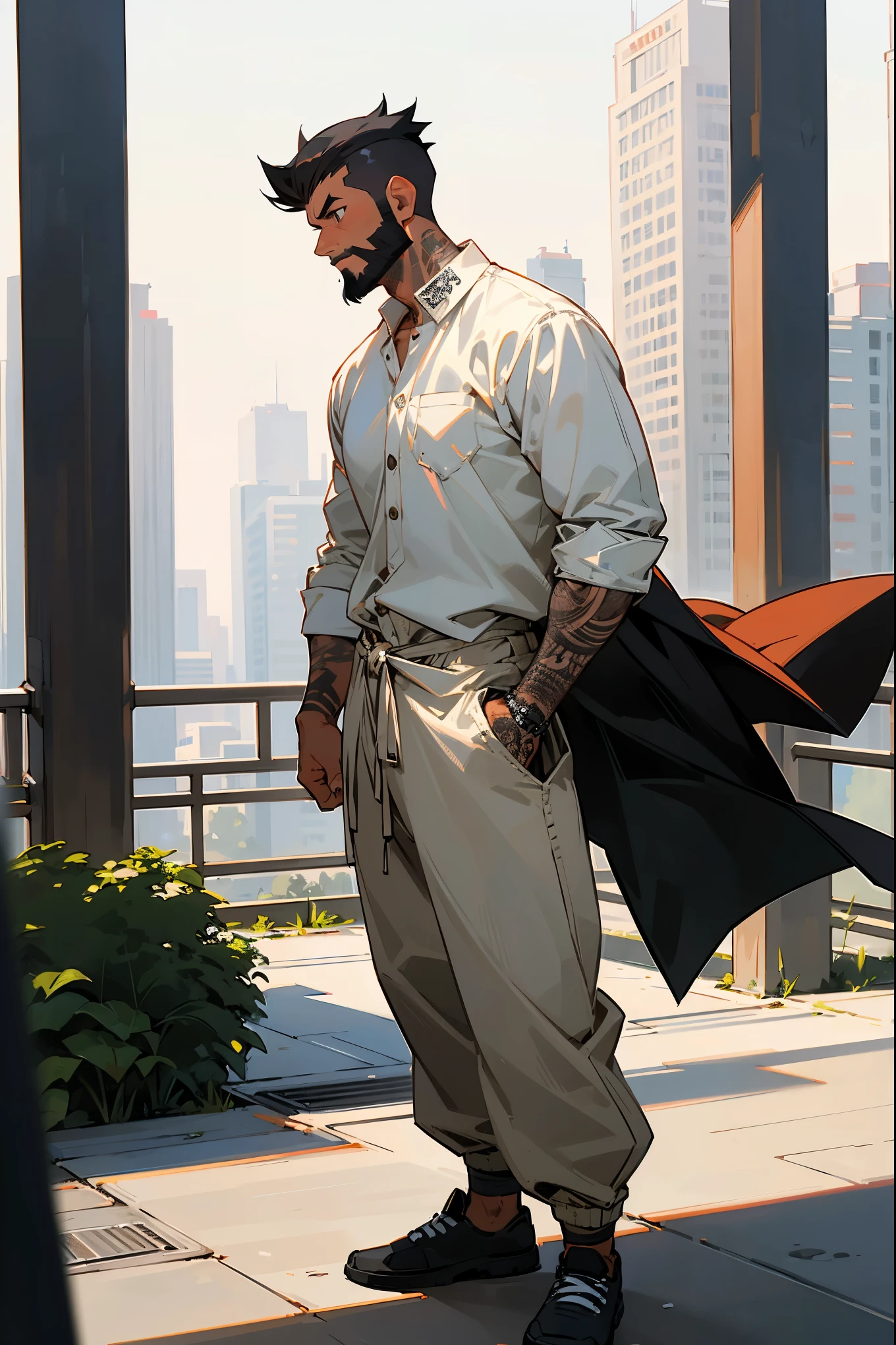 1male, tan skin, black hair, short spiked hair, black beard, full arm tattoos, baggy white shirt, blank pants, expressionless, city background, detailed background, standing on path, hands to side