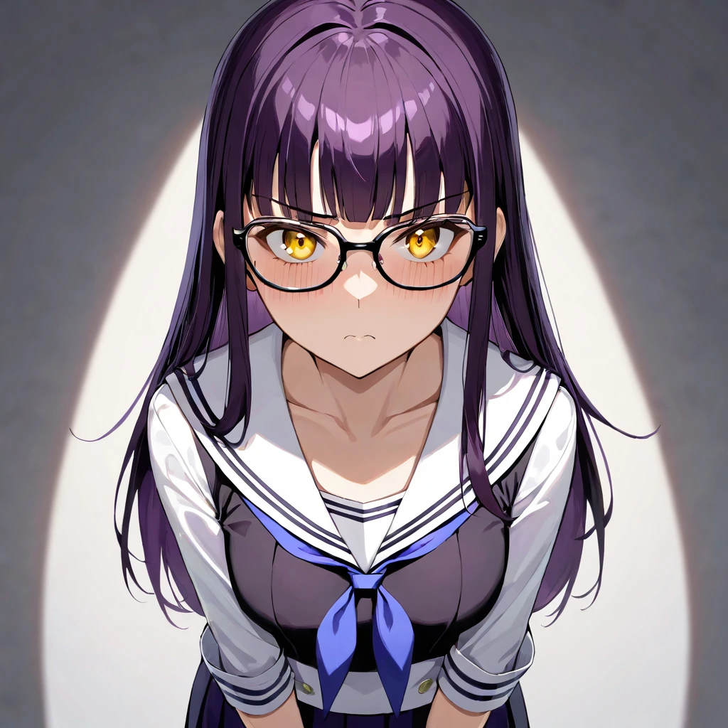 1girl,Solo,dark purple hair,yellow eyes,medium breasts,sailor,straight hair,pov,straight on,best quality, very aesthetic, absurdres,cowboy shot,eyewear,serious,serious,(Tsutomu Gari),(Embarrassing)