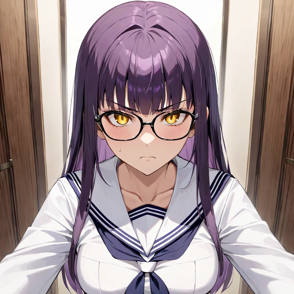 1girl,Solo,dark purple hair,yellow eyes,medium breasts,sailor,straight hair,pov,straight on,best quality, very aesthetic, absurdres,cowboy shot,eyewear,serious,serious,(Tsutomu Gari),(Embarrassing)