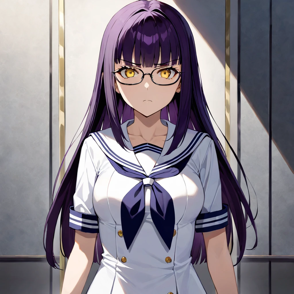 1girl,Solo,dark purple hair,yellow eyes,medium breasts,sailor,straight hair,pov,straight on,best quality, very aesthetic, absurdres,cowboy shot,eyewear,serious,serious,(Tsutomu Gari),(Embarrassing)