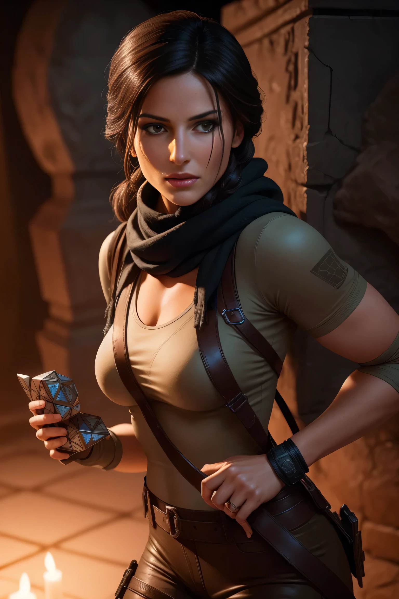 Lara Croft holding a metal hexagon cube with ancient drawings in her hands, standing in a Tomb, dark lighting, underground Tomb, perfect anatomy, beautiful face, perfect hands, broken statues in the background, wearing a dark coat and a scarf, DLSR, sharp focus, soft lighting, perfect face, ultra detailed face, perfect brown eyes, beautiful face