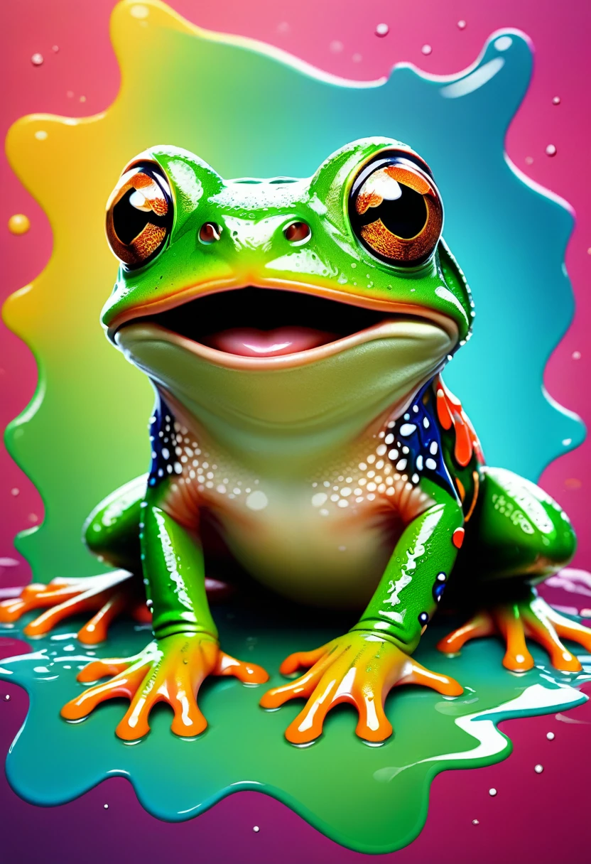 a frog sitting front view, t-shirt design, comic style, vibrant colors, solid color background, (best quality,4k,8k,highres,masterpiece:1.2),ultra-detailed,(realistic,photorealistic,photo-realistic:1.37),digital illustration, cute cartoon frog, detailed frog face, expressive eyes, detailed frog body, arm posing, happy expression, bright colors, flat colorful background