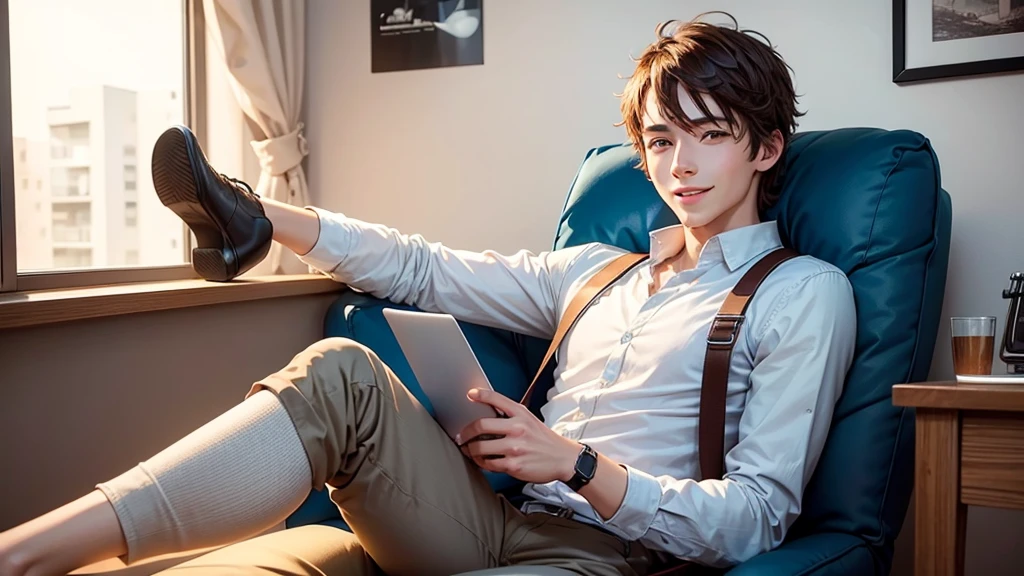 Full length happy young man sit in bag chair unboxing new laptop on