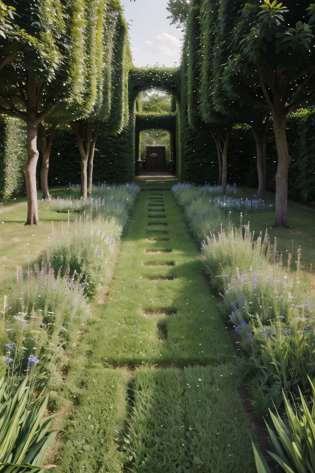 Create a super reastic maze with grass and herbs hanging on its walls. We're in the maze looking inside of its endless paths
