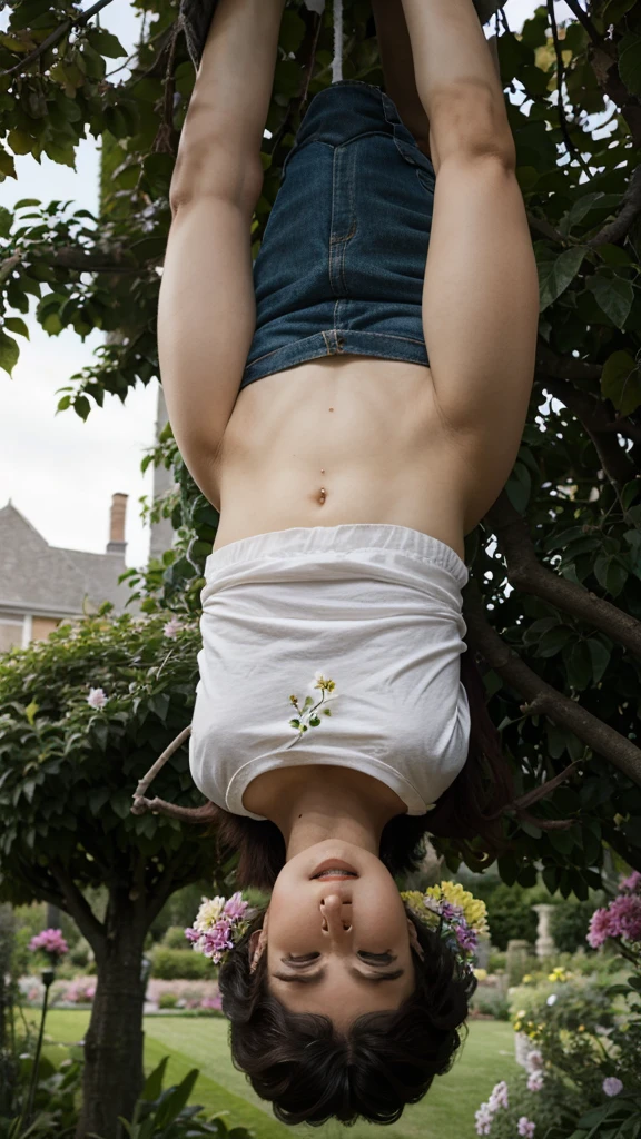 two different hands , holding 2 flowers, in a garden , creepers hanging beautifully , upside down with umberallas