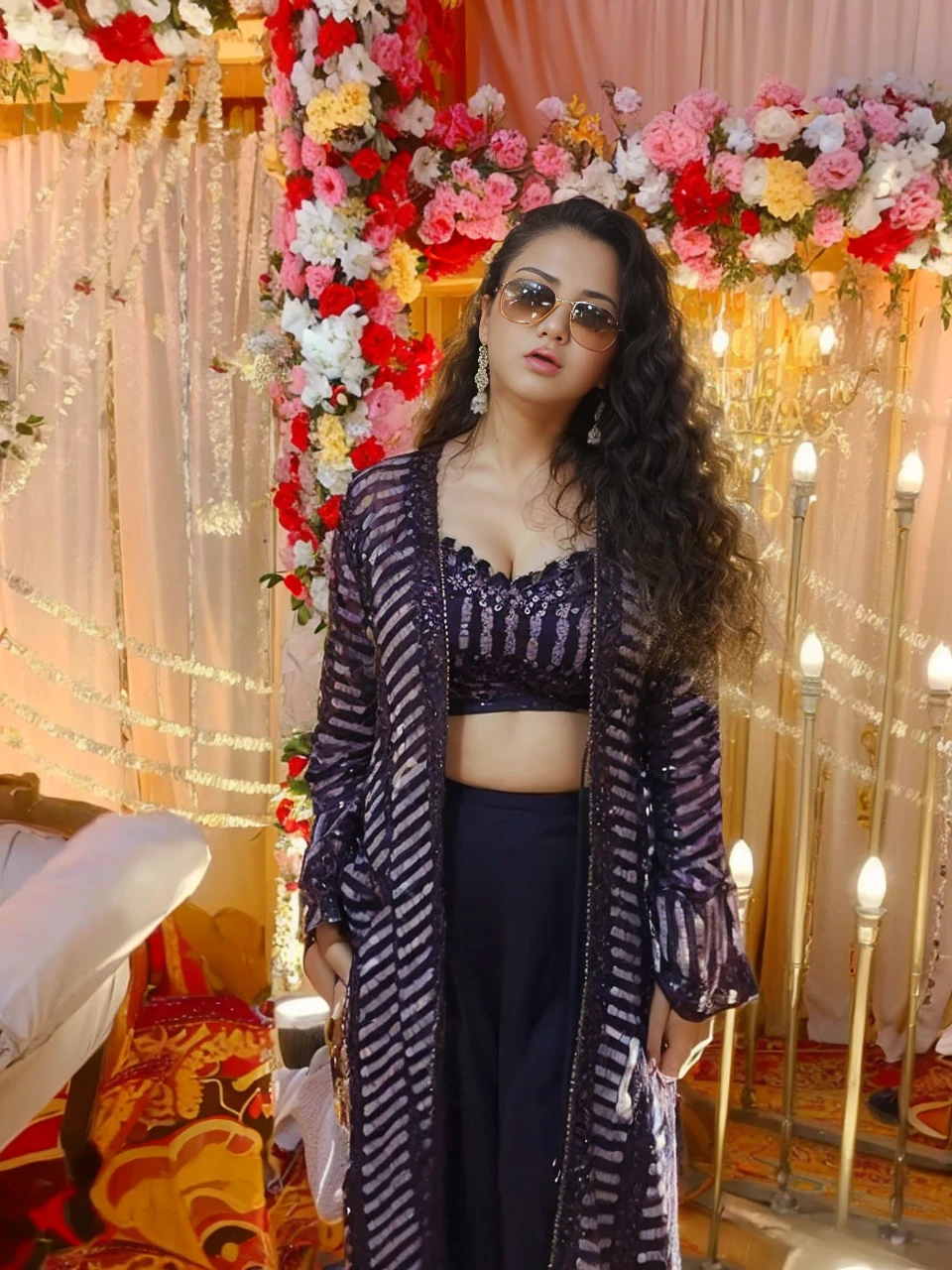 HD wallpaper 32k cinematic shoot of a Beautiful cute girl, with thick thighs and a curvy waist, wearing a Traditional Dance Dress, ((sunglasses)), ((lowwaist)), ((open neckline)), ((boobs)), ((angry))
