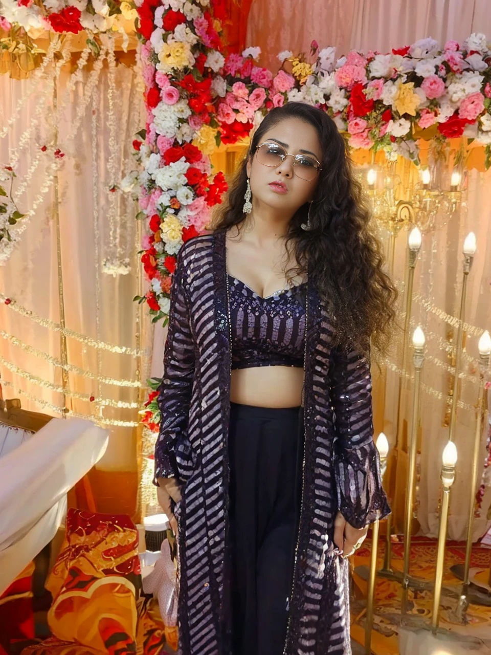 HD wallpaper 32k cinematic shoot of a Beautiful cute girl, with thick thighs and a curvy waist, wearing a Traditional Dance Dress, ((sunglasses)), ((lowwaist)), ((open neckline)), ((boobs)), ((angry))