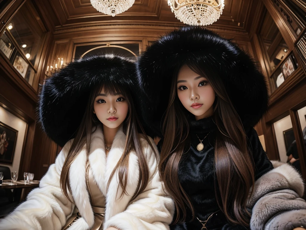 fluffyの毛皮。fluffy、Beautiful women in luxurious furs。Old-fashioned。Fisheye Lens、Fur coat、Multiple women、,from below