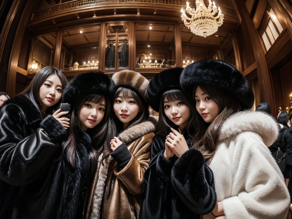 fluffyの毛皮。fluffy、Beautiful women in luxurious furs。Old-fashioned。Fisheye Lens、Fur coat、Multiple women、,from below