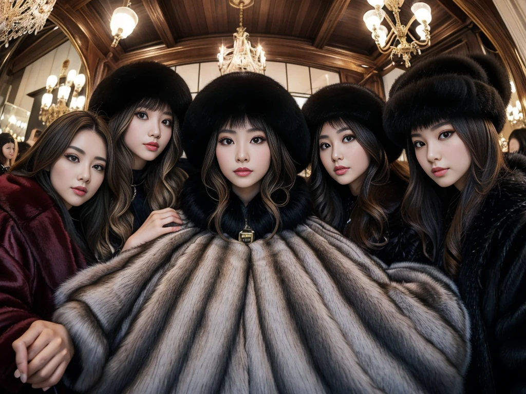 fluffyの毛皮。fluffy、Beautiful women in luxurious furs。Old-fashioned。Fisheye Lens、Fur coat、Multiple women、,from below