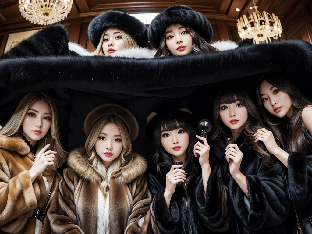fluffyの毛皮。fluffy、Beautiful women in luxurious furs。Old-fashioned。Fisheye Lens、Fur coat、Multiple women、,from below