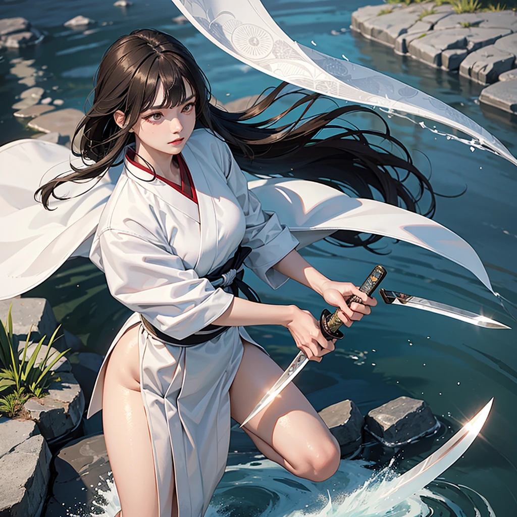 1 Woman Standing, (pulling Japanese sword from sheath on waist), (White kimono) (Black Hakama), Mature Woman, /(Dark brown hair/) bangs, Cool look, (A light smile:0.5), Dignified, (Masterpiece of the highest quality:1.2) Delicate illustrations, super detailed, medium breasts break (Holding (knife:1.2)), (The blade glitters), (Holding sword sheath) break (Sacred Rocks) Outdoor, waterfall, Japan, noon, Detailed Background