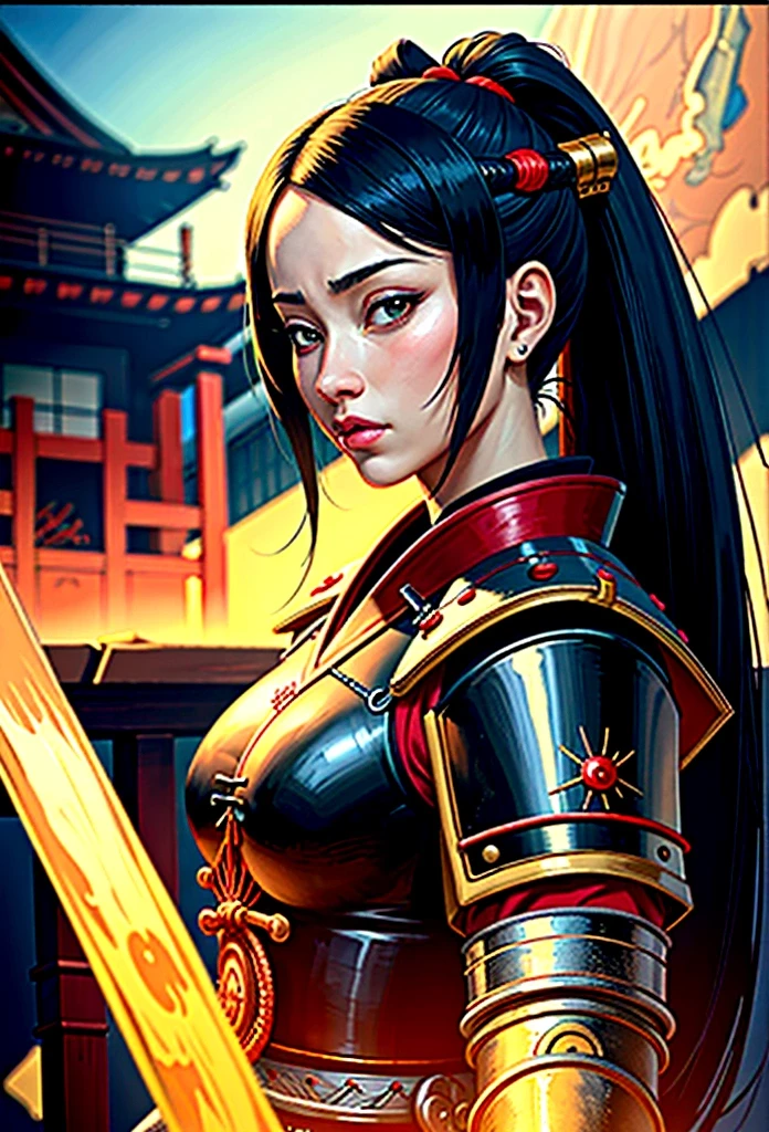 a picture of Japanese female samurai, she has long black hair, wearing samurai armor, armed with a katana, ready for battle, dynamic angle,, Japanese fantasy art, (Masterpiece: 1.5), 16k, highres, best quality, high details, ultra detailed, masterpiece, best quality, (extremely detailed), arafed, dnd art, JapaneseKatana, wtrcolor style