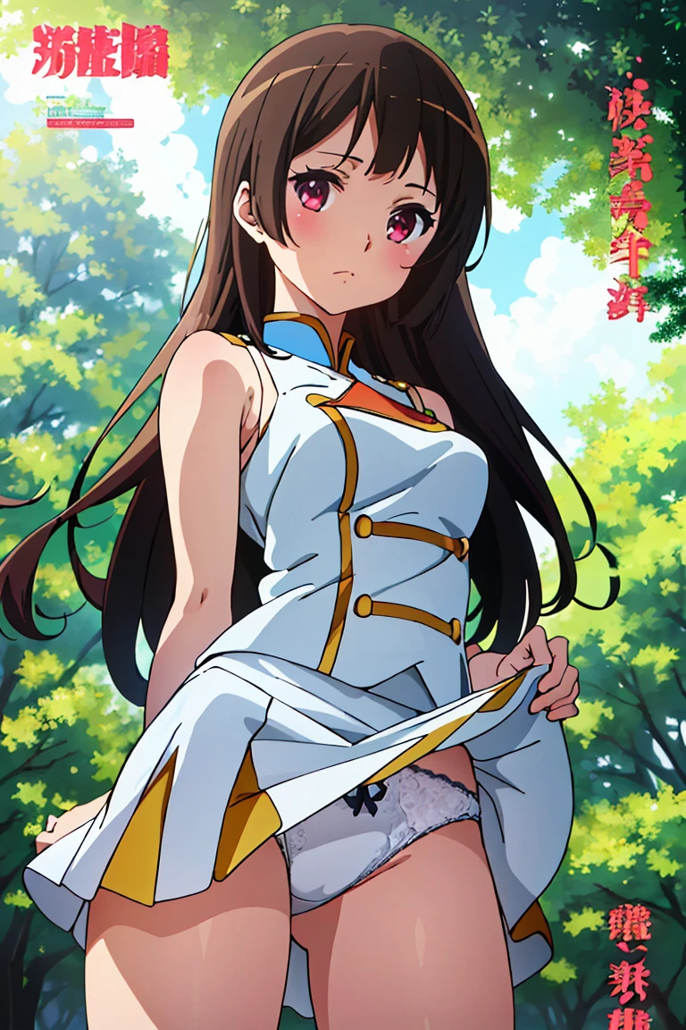 White lace panties,skirt lift,Anime girl in uniform posing in the woods with her panties open, | Fine Detail Anime, Smooth Anime CG Art, Rin, Clean Detailed Anime Art, Makoto Shinka, Official High Detail Art, Makoto, Official Artwork, Official Artwork, Highly Detailed Exquisite Fanart, Marin Kitagawa Fanart, Zerochan Art, Anime Cover, Seductive Anime Girl, ,(((White underwear with decorations))), disdain, contemptuous