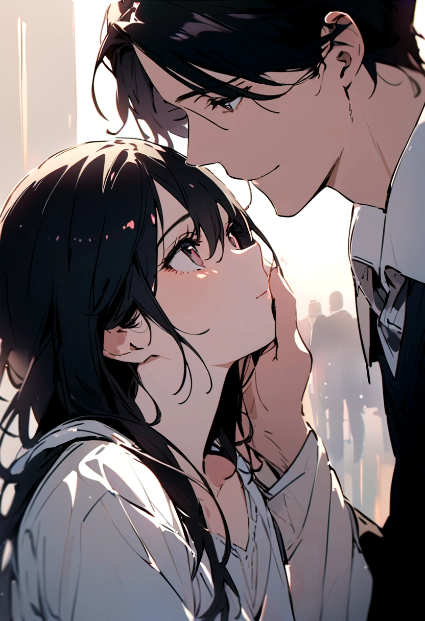 A handsome young man holding a girls face,possessively (side view) the man has black hair and dark eyes,with long eyelashes smiling obsessively