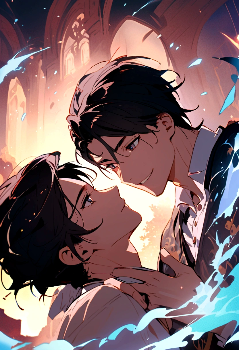 A handsome young man holding a girls face,possessively (side view) the man has black hair and dark eyes,with long eyelashes smiling obsessively